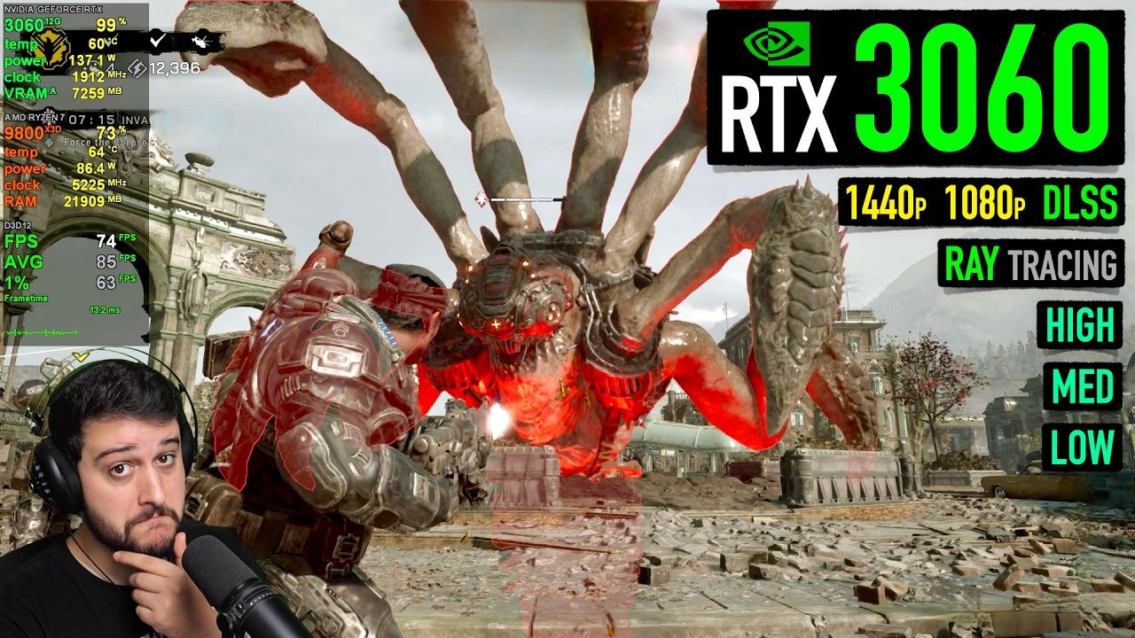RTX 3060 12G dans Gears of War E-Day - 74-85 FPS en 1080p