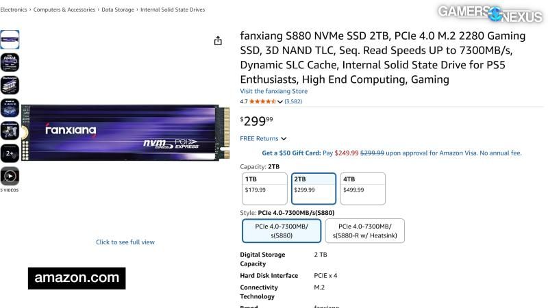 Exemple de prix SSD NVMe sur Amazon en avril 2026 - fanxiang S880 2 To a 300 dollars