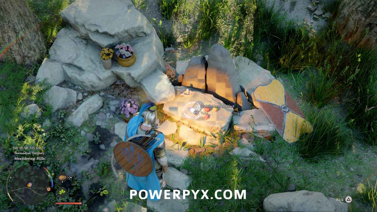 Artefact Abyssal scellé sur un autel en pierre dans Crimson Desert - prompt Take visible