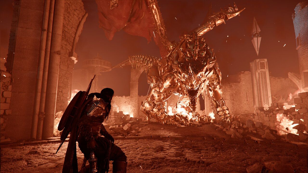 Combat de boss dans Crimson Desert avec bouclier et arme