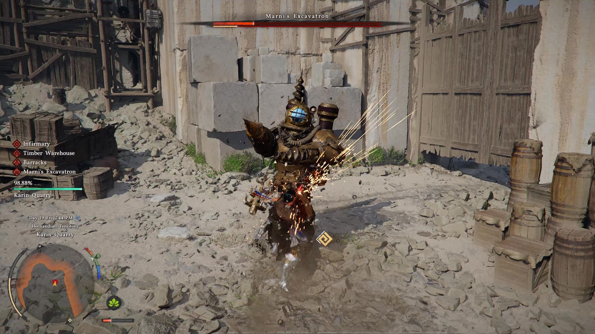 Combat de boss Excavatron dans Crimson Desert pour obtenir des armes légendaires