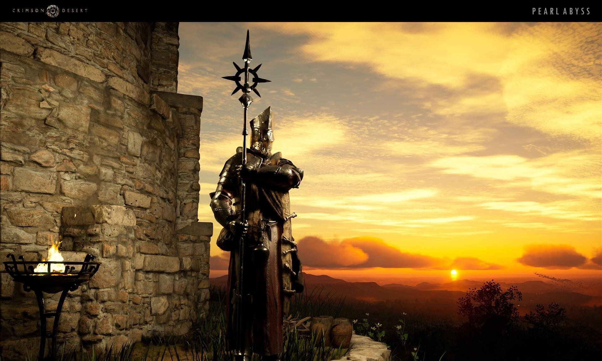 Crimson Desert chevalier devant chateau au coucher de soleil