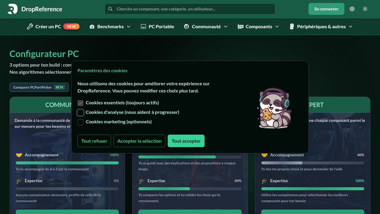 Configurateur PC DropReference avec modes communautaire guidé et expert