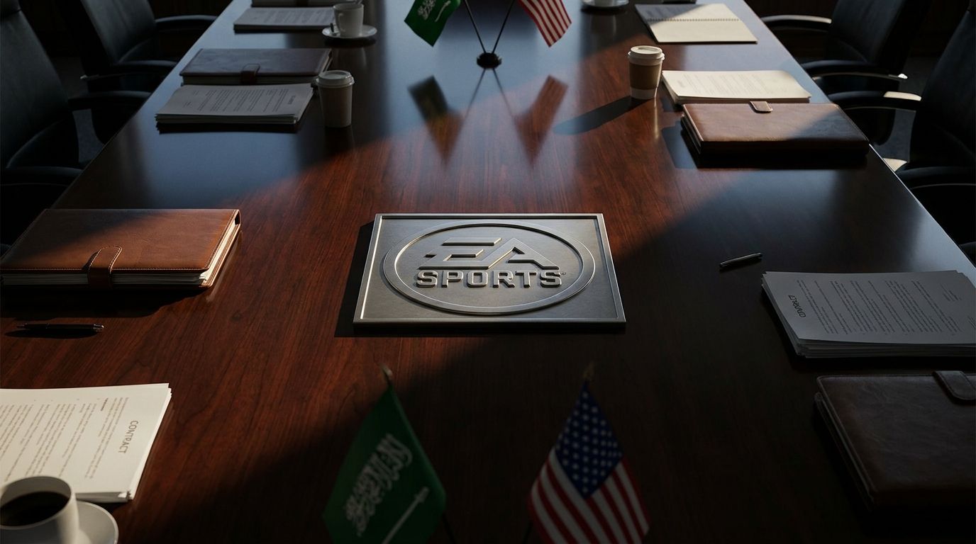 Table de réunion corporate avec logo EA, drapeaux saoudien et américain, ambiance rachat LBO