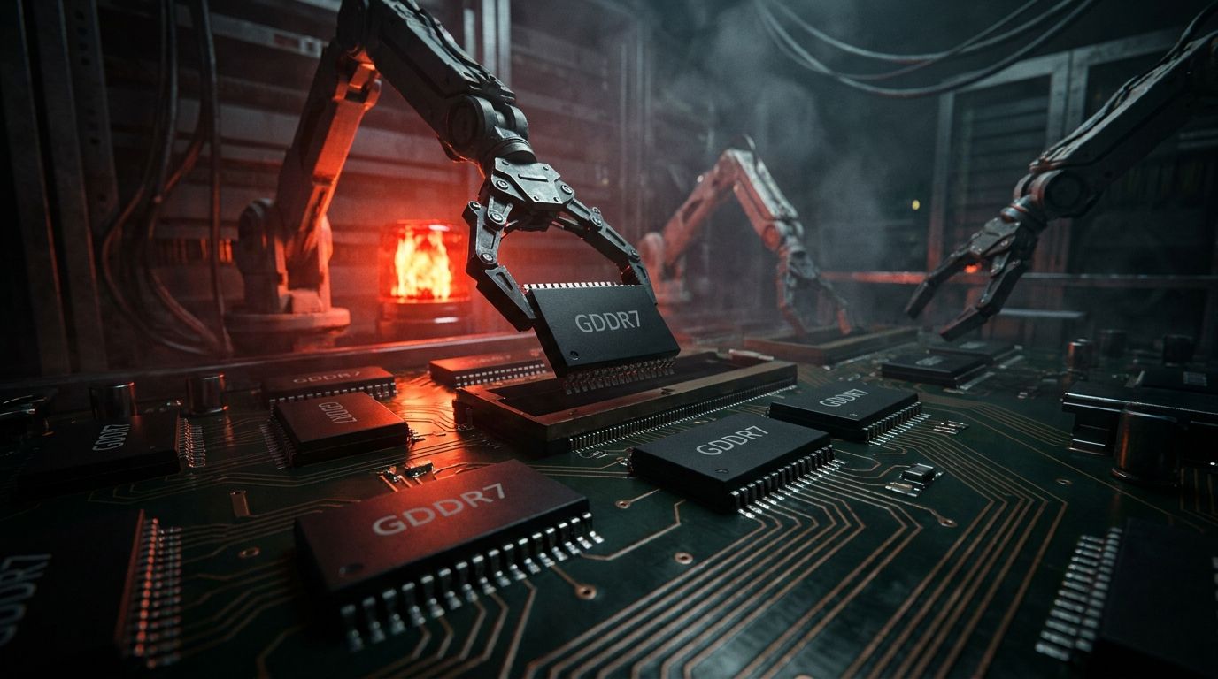 Puces mémoire GDDR7 sur circuit imprimé, pénurie IA 2026