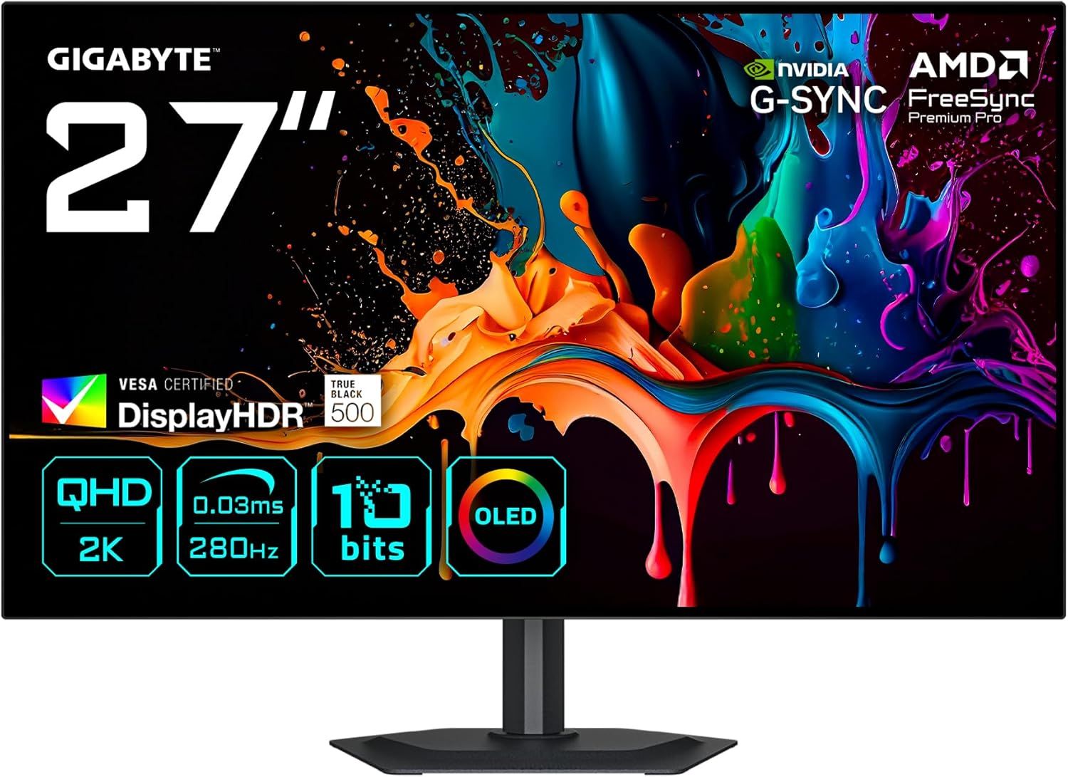 GIGABYTE MO27Q28G Moniteur Gaming OLED 27" QHD - 2560 x 1440, 280Hz, 0,03ms, 335 cd/m², Display HDR True Black 500, HDMI 2.1, DisplayPort 1.4