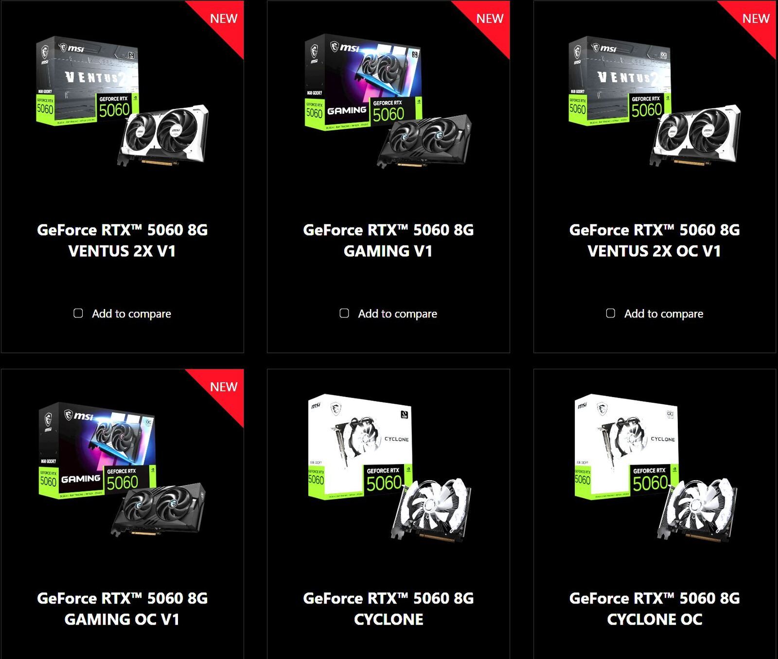 MSI RTX 5060 V1 avec puce GB205 listing officiel quatre modèles Gaming et Ventus