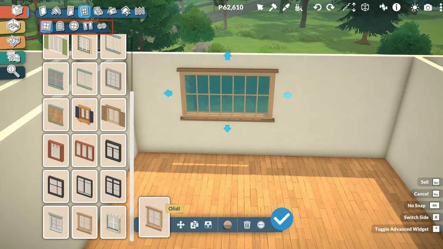 Interface du Build Mode dans Paralives avec le catalogue de fenêtres et les outils de construction