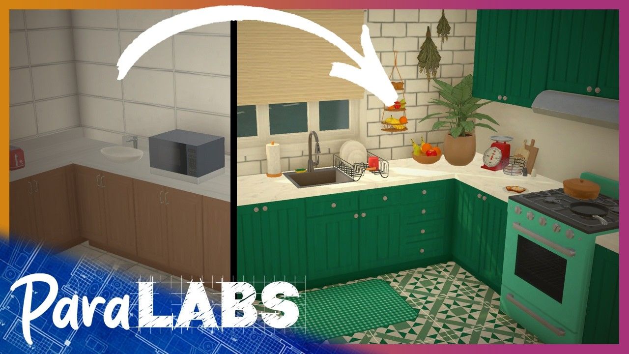 Avant et après décoration cuisine dans Paralives Build Mode