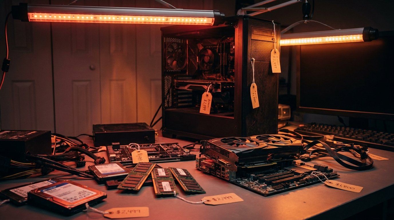 Composants PC gamer sur un etabli durant la crise RAM GPU 2026