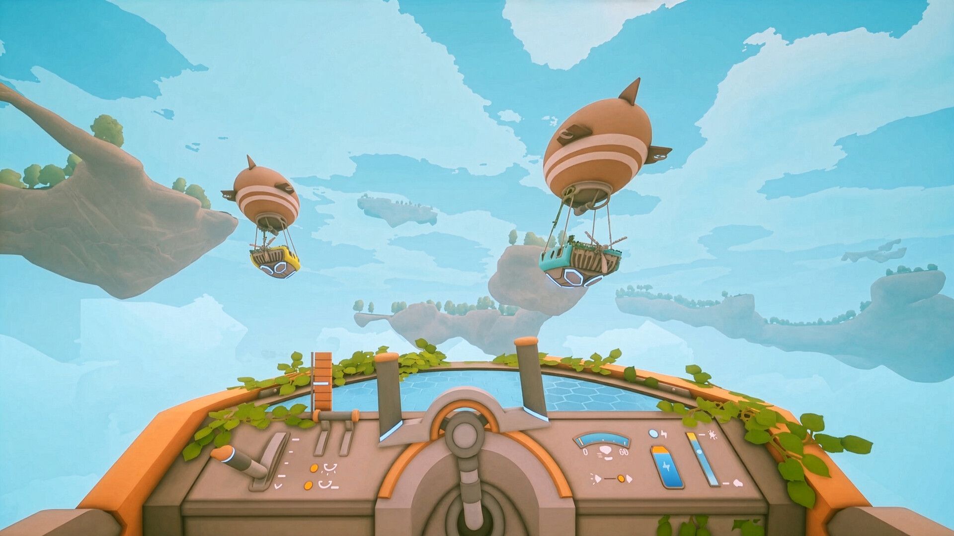 Solarpunk dirigeable cockpit vol iles flottantes coop