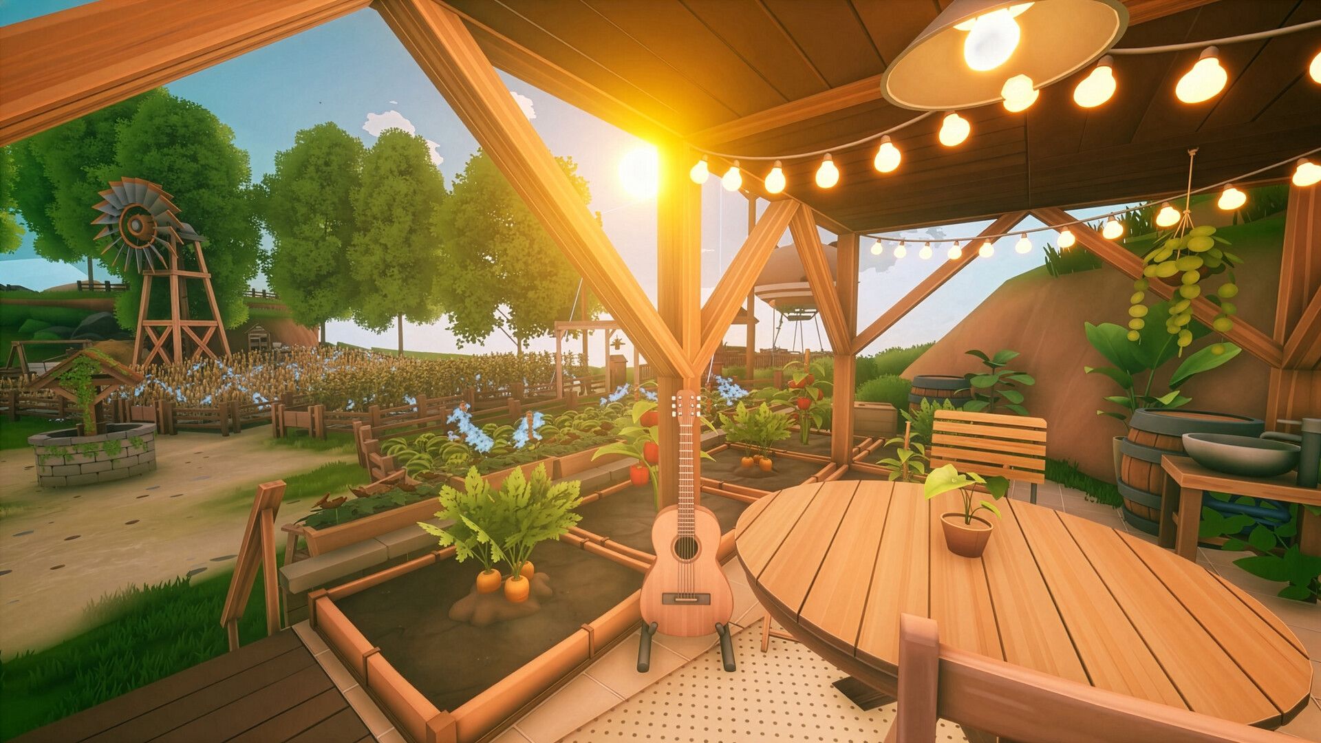 Solarpunk farming potager carottes mais moulin pergola