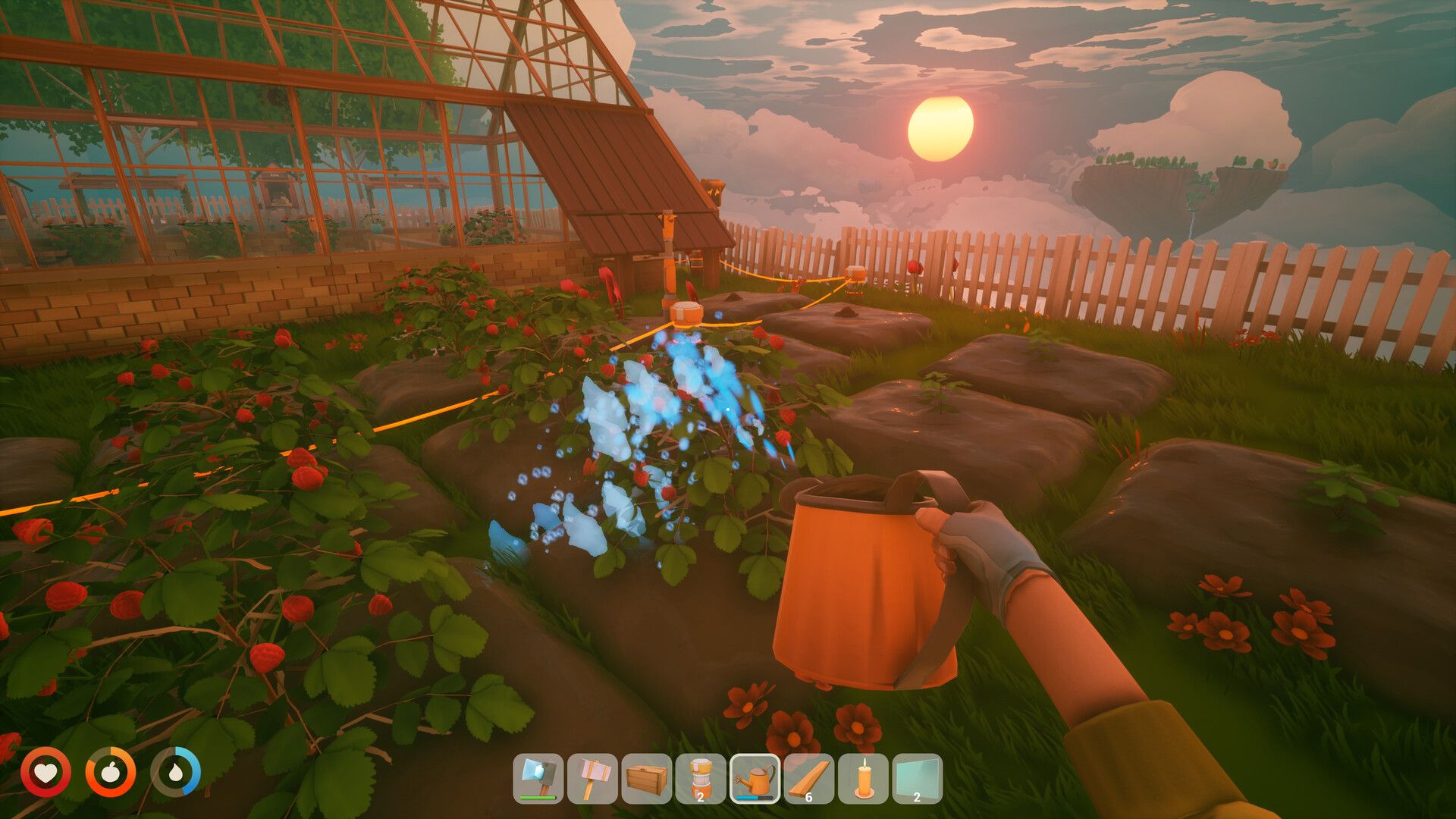Gameplay Solarpunk arrosage plantes serre coucher soleil