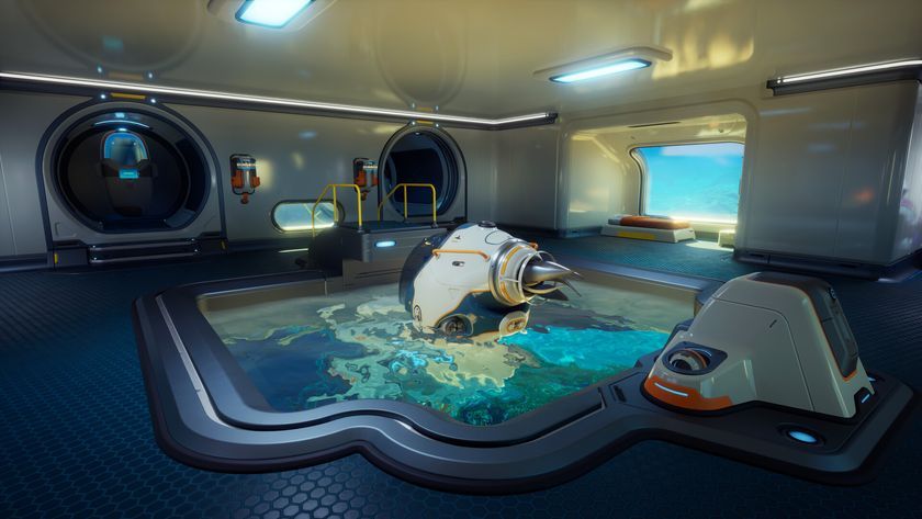 Intérieur de base avec moonpool et véhicule dans Subnautica 2