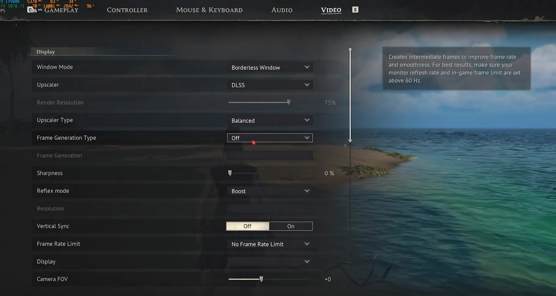 Frame Generation désactivé dans les options vidéo de Windrose