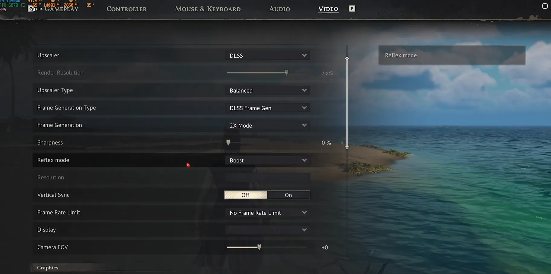 NVIDIA Reflex réglé sur Boost dans les paramètres vidéo de Windrose