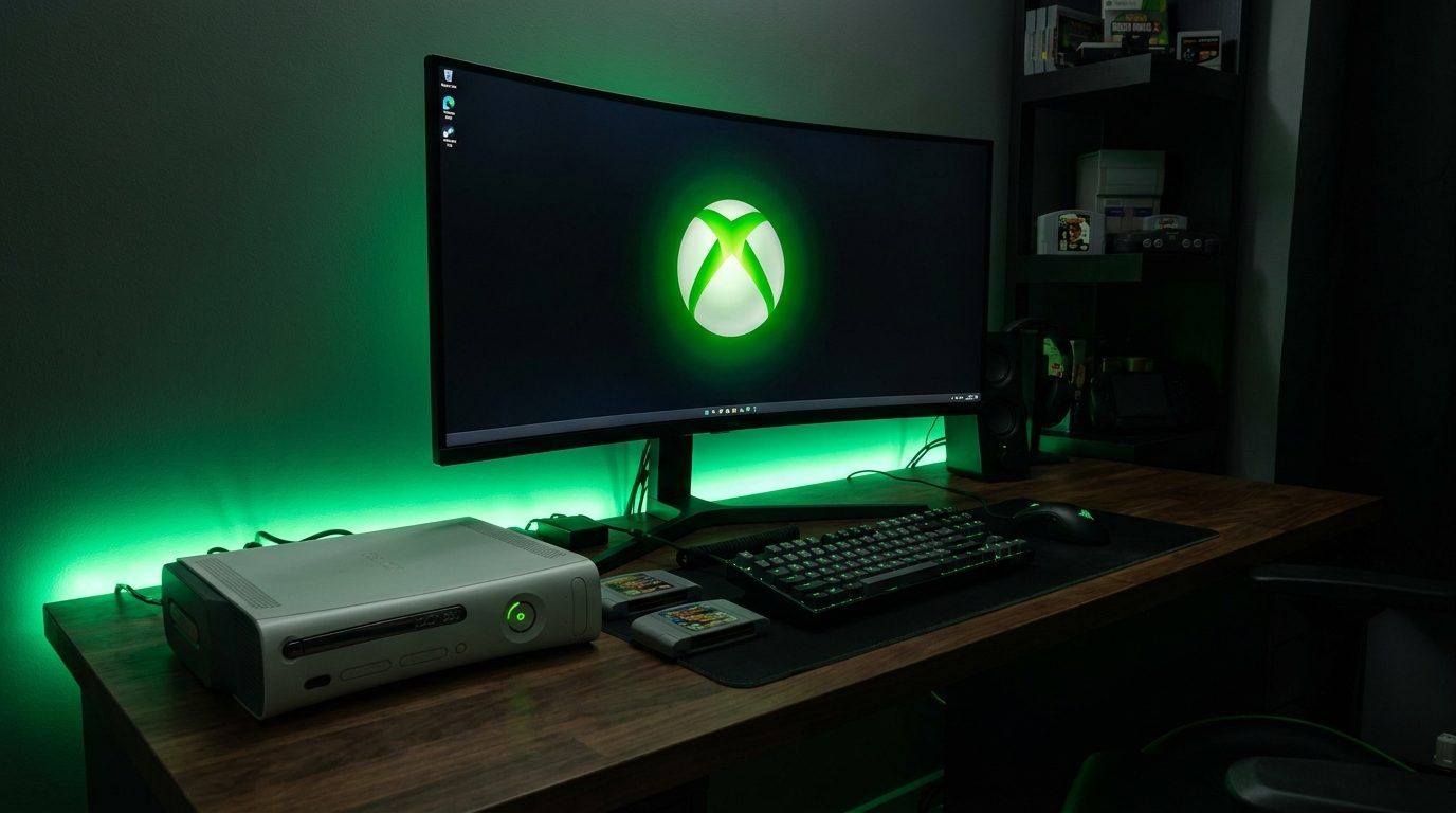 Xbox 360 console sur bureau gaming PC avec éclairage néon vert